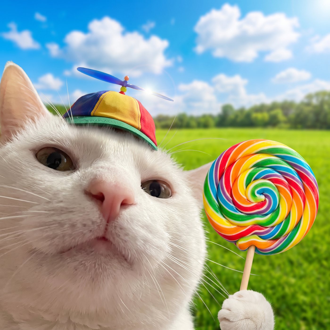 vibecat in a propeller hat holding a lollipop