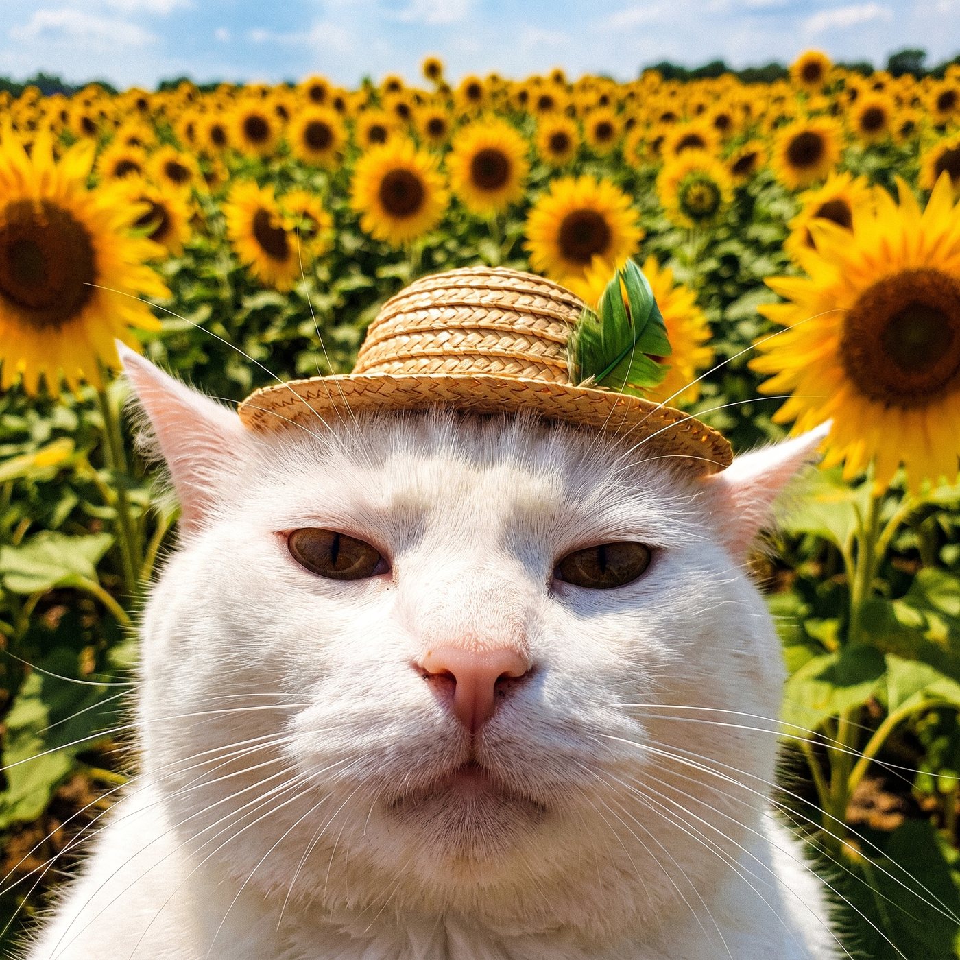 vibecat in a straw hat among sunflowers