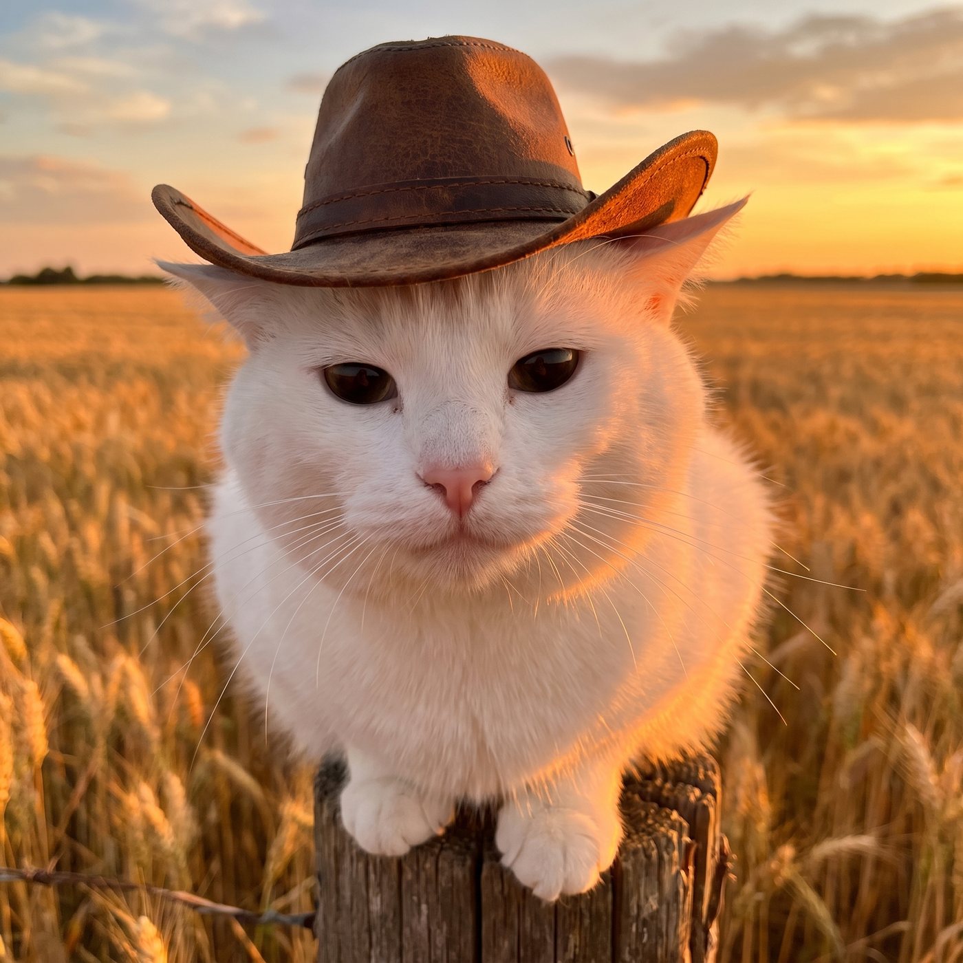 vibecat in a cowboy hat on a fence post