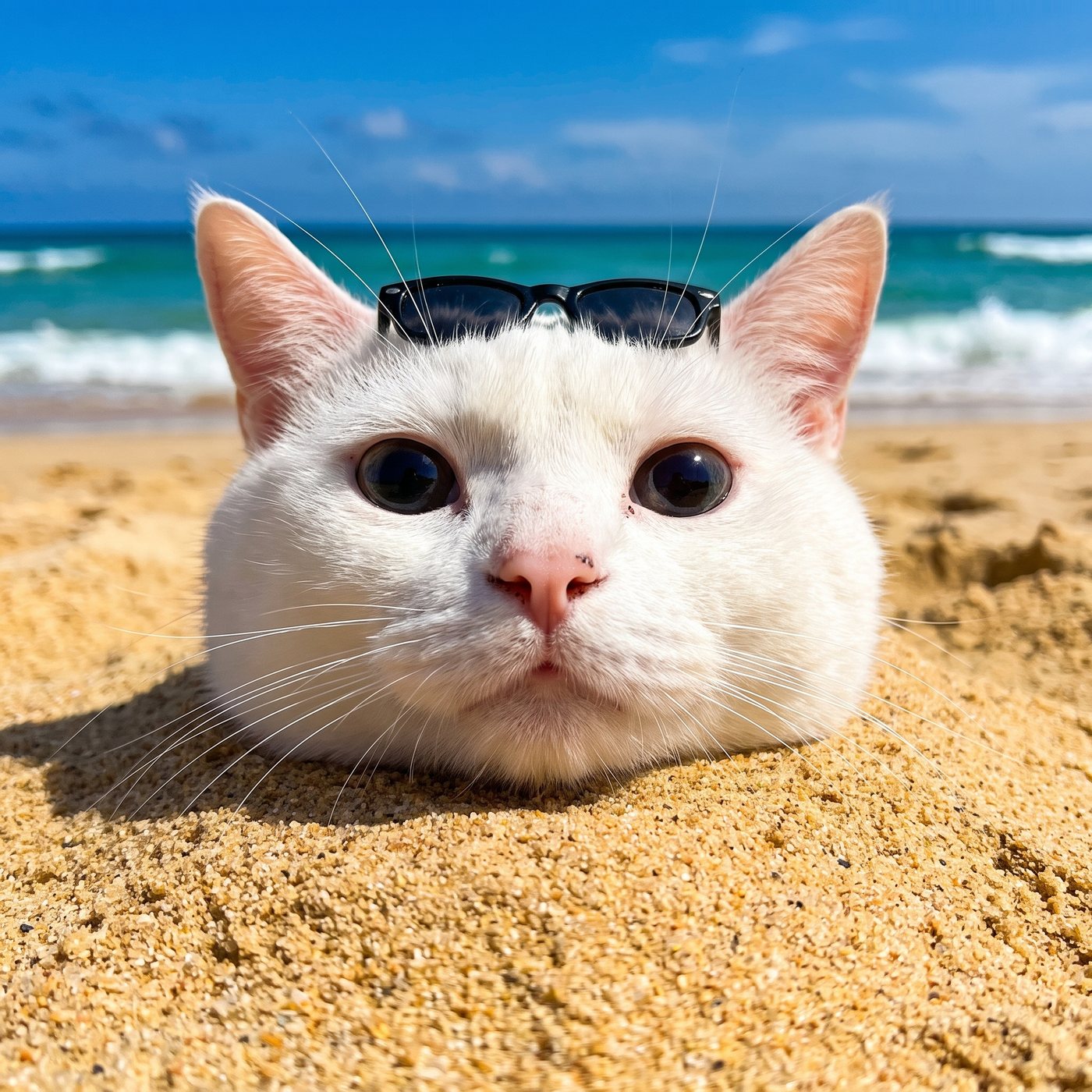 vibecat buried in sand with sunglasses